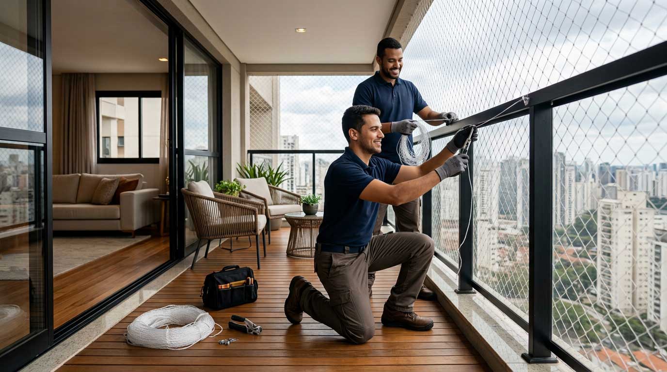 Equipe instalando redes de proteção